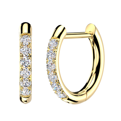 Pair of 316L Surgical Steel Gold PVD White CZ Pave Gems D Shape Hinged Hoop Earrings