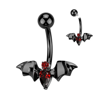 Implant Grade Titanium Black PVD Red CZ Internally Threaded Flying Bat Non Dangle Belly Ring