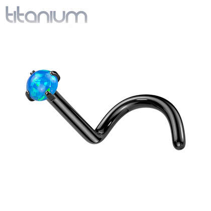 Implant Grade Titanium Black PVD Corkscrew Blue Opal Nose Ring Stud - Pierced Universe