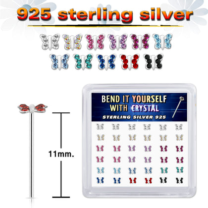 Box of 925 Sterling Silver CZ Butterflies Straight Nose Ring Stud