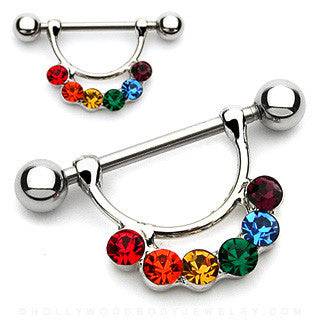 14ga 316L Surgical Steel Rainbow Multi Gem Nipple Shield Barbell - Pierced Universe