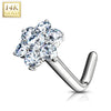 14KT Solid White Gold L Shape Flower White CZ Nose Ring Stud - Pierced Universe