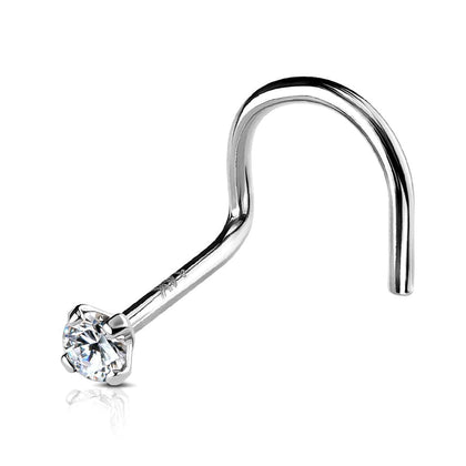 14KT Solid White Gold Prong White CZ Gem Corkscrew Nose Ring Stud - Pierced Universe