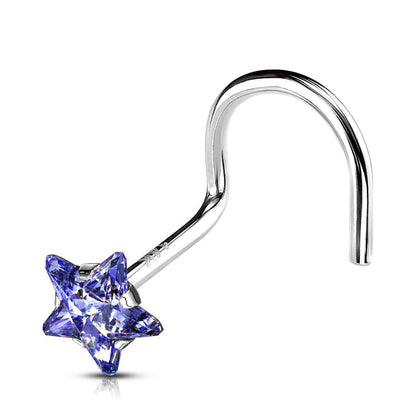 14KT Solid White Gold Tanzanite Star Gem Corkscrew Nose Stud - Pierced Universe