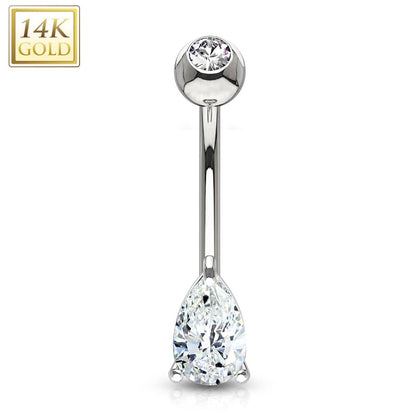 14KT Solid White Gold Tear Drop White CZ Belly Ring