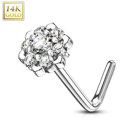 14KT Solid White Gold White CZ Cluster Flower L shape Nose Ring Stud - Pierced Universe