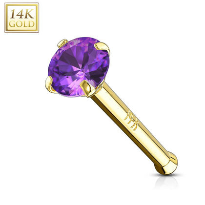 14KT Solid Yellow Gold Ball End Purple CZ Prong Nose Pin Ring