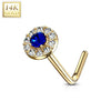 14KT Solid Yellow Gold L Shape Bent Blue & White CZ Cluster Nose Stud - Pierced Universe