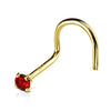 14KT Solid Yellow Gold Prong Red CZ Gem Corkscrew Nose Ring Stud - Pierced Universe