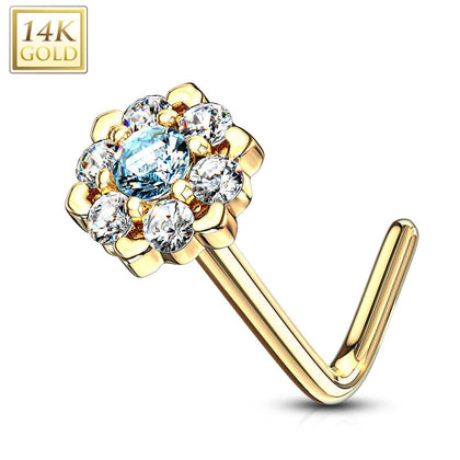 14KT Solid Yellow Gold White & Aqua CZ Cluster Flower L shape Nose Ring Stud - Pierced Universe