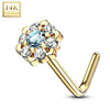 14KT Solid Yellow Gold White & Aqua CZ Cluster Flower L shape Nose Ring Stud - Pierced Universe