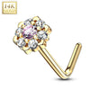 14KT Solid Yellow Gold White & Pink CZ Cluster Flower L shape Nose Ring Stud - Pierced Universe