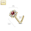 14KT Solid Yellow Gold White & Red CZ Cluster Flower L shape Nose Ring Stud - Pierced Universe