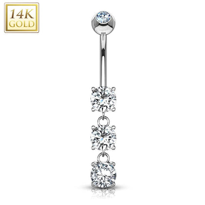 14KT White Gold 3 CZ White Gem Dangling Belly Button Ring - Pierced Universe