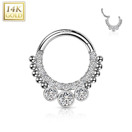 14KT White Gold Beaded White CZ Bezel Center Hinged Septum Clicker Hoop