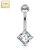 14KT White Gold White Princess Cut Prong CZ Belly Button Ring - Pierced Universe