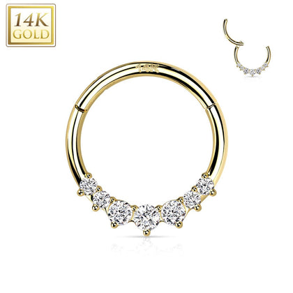 14KT Yellow Gold Dainty White CZ Gems Hinged Septum Clicker Hoop - Pierced Universe