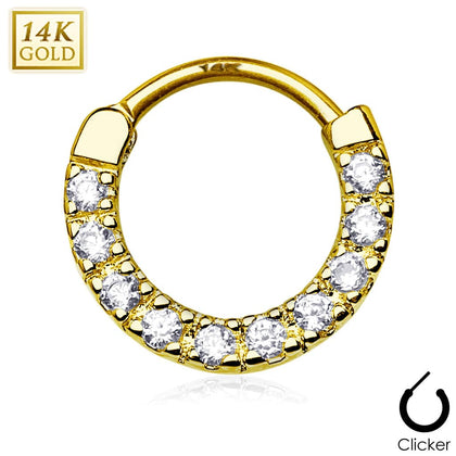 14KT Yellow Gold Hinged White CZ Septum Ring Hoop