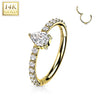 14KT Yellow Gold Pave White CZ Pear Shaped Center Hinged Clicker Hoop - Pierced Universe