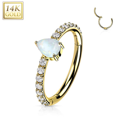 14KT Yellow Gold Pave White Opal Pear Shaped Center Hinged Clicker Hoop