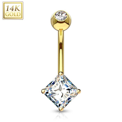 14KT Yellow Gold White Princess Cut Prong CZ Belly Button Ring - Pierced Universe