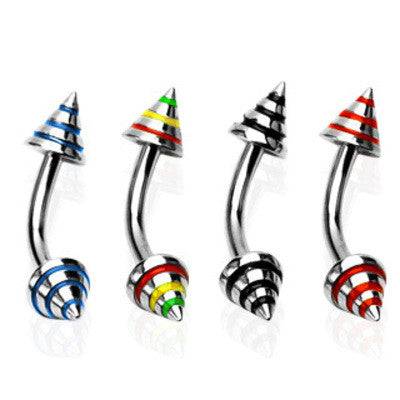 16ga 316L Surgical Steel Curved Eyebrow Tragus Cartilage Helix Barbell with Striped Spikes