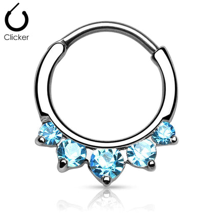 16ga Prong Set 5 Gem Aqua CZ 316L Surgical Steel Bar Septum Ring Clicker - Pierced Universe