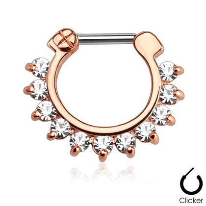 16GA Rose Gold Plated Prong Set Single Line CZ Gemmed 316L Surgical Steel Bar Septum Ring Clicker - Pierced Universe