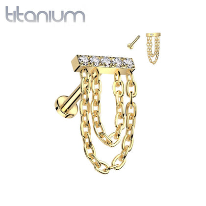 Implant Grade Titanium Gold PVD White CZ Studded Bar Chain Dangle Flat Back Labret