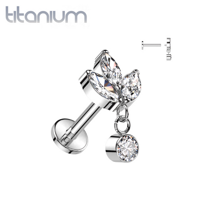 Implant Grade Titanium Triple Petal Flower White CZ Gem Dangle Flat Back Labret