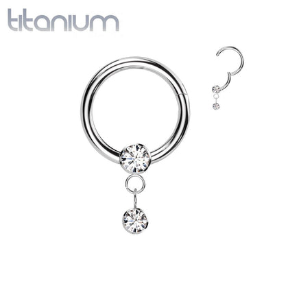 Implant Grade Titanium White CZ Bezel Dangle Hinged Clicker Hoop - Pierced Universe