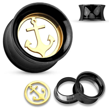 3-Piece 316L Black Surgical Steel with Gold Anchor Center Screw On Ear Gauges Tunnels