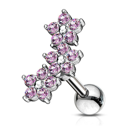 316L Surgical Steel 3 Flower Pink CZ Cartilage Ring Barbell