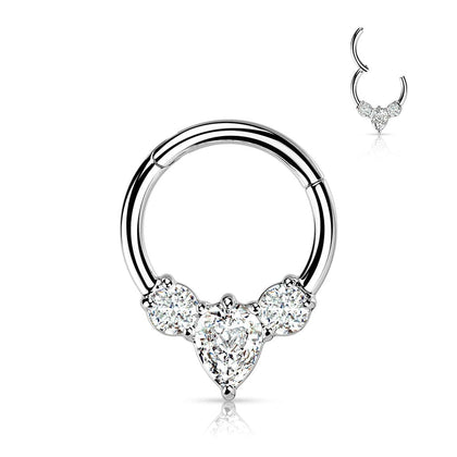 316L Surgical Steel 3 White CZ Gem Teardrop Dainty Septum Ring Hinged Clicker Hoop - Pierced Universe