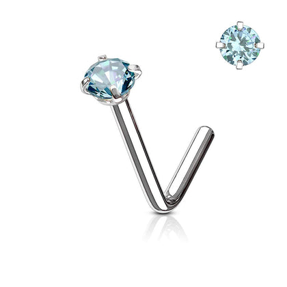 316L Surgical Steel 3mm CZ Aqua Gem Prong L Shape Nose Stud - Pierced Universe