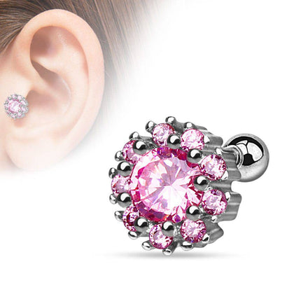 316L Surgical Steel All Pink CZ Flower Cartilage Helix Ring Barbell