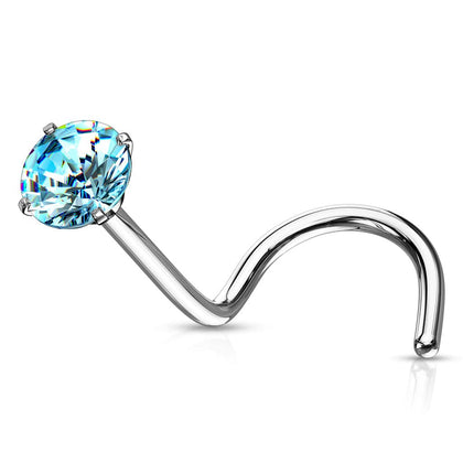 316L Surgical Steel Aqua Round CZ Prong Gem Corkscrew Nose Ring Stud - Pierced Universe