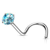 316L Surgical Steel Aqua Round CZ Prong Gem Corkscrew Nose Ring Stud - Pierced Universe