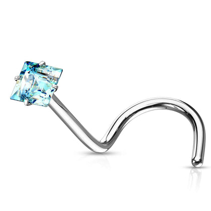 316L Surgical Steel Aqua Square CZ Gem Corkscrew Nose Ring Stud - Pierced Universe