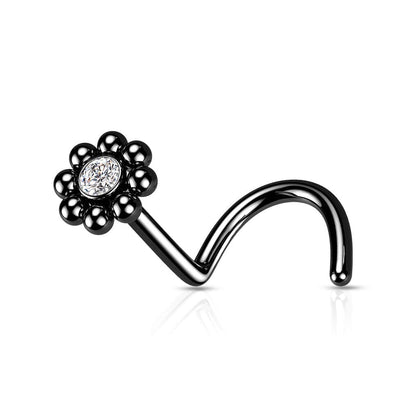 316L Surgical Steel Black PVD Ball White CZ Gem Flower Corkscrew Nose Ring Stud - Pierced Universe