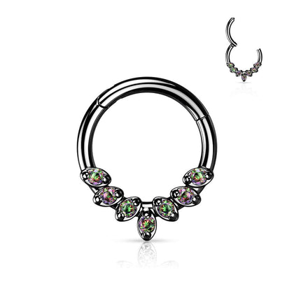 316L Surgical Steel Black PVD VM CZ Gem Vine Leaf Dainty Septum Ring Hinged Clicker Hoop - Pierced Universe