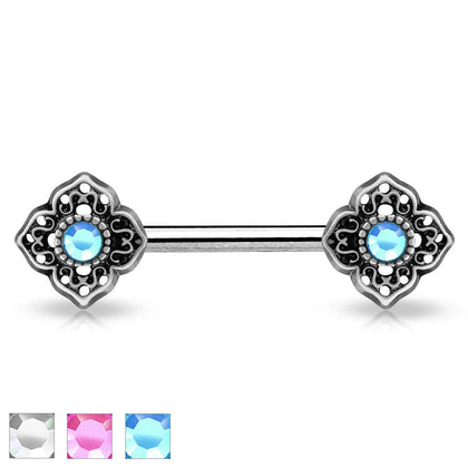 316L Surgical Steel Crystal Flower Boho Tribal Nipple Ring Barbell