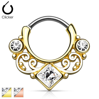 316L Surgical Steel Curved Septum Ring Clicker with Lace and CZ Gems - Pierced Universe