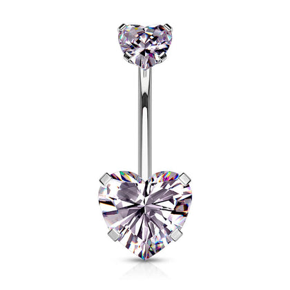 316L Surgical Steel Double Heart Tanzanite CZ Gem Belly Button Ring - Pierced Universe