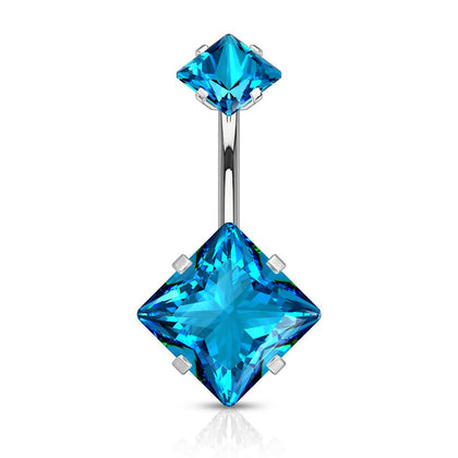 316L Surgical Steel Double Square Aqua CZ Gem Belly Button Ring - Pierced Universe