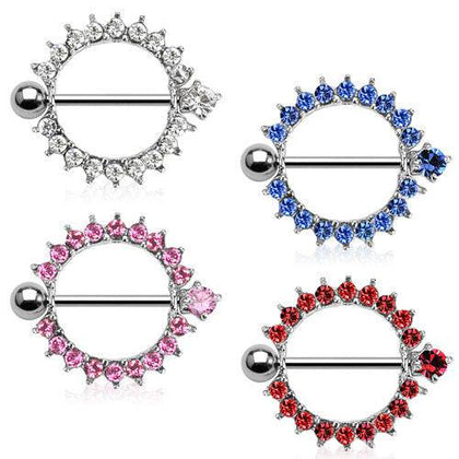 316L Surgical Steel Full Circle CZ Gem Nipple Ring Barbell Shield - Pierced Universe