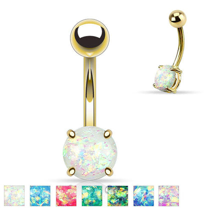 316L Surgical Steel Gold Plated Glitter Opal Belly Button Navel Ring - Pierced Universe