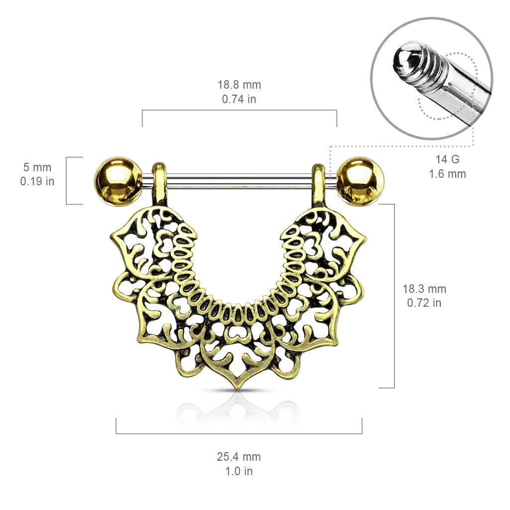 316L Surgical Steel Gold Plated Vintage Boho Lotus Nipple Shield Barbell - Pierced Universe