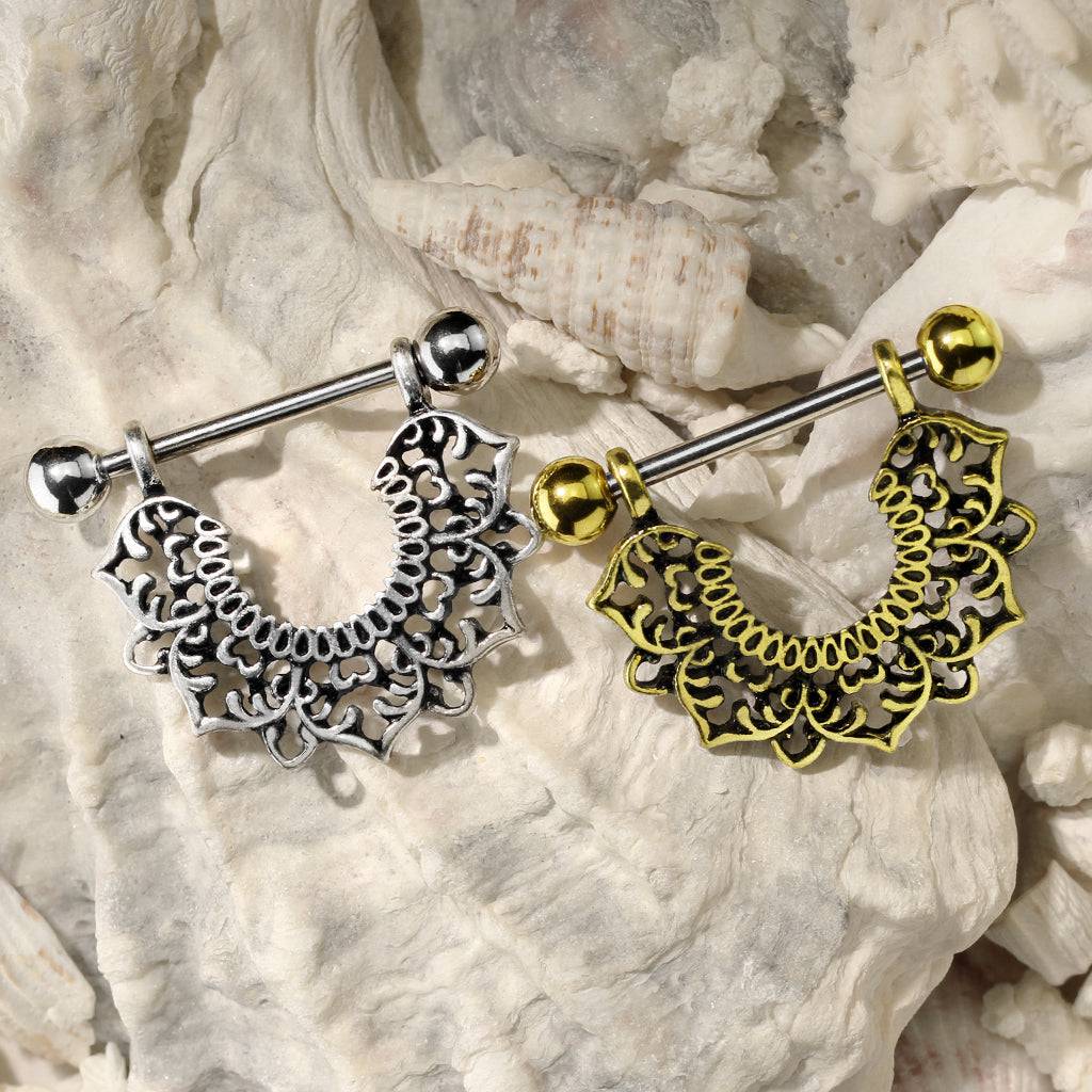 316L Surgical Steel Gold Plated Vintage Boho Lotus Nipple Shield Barbell - Pierced Universe