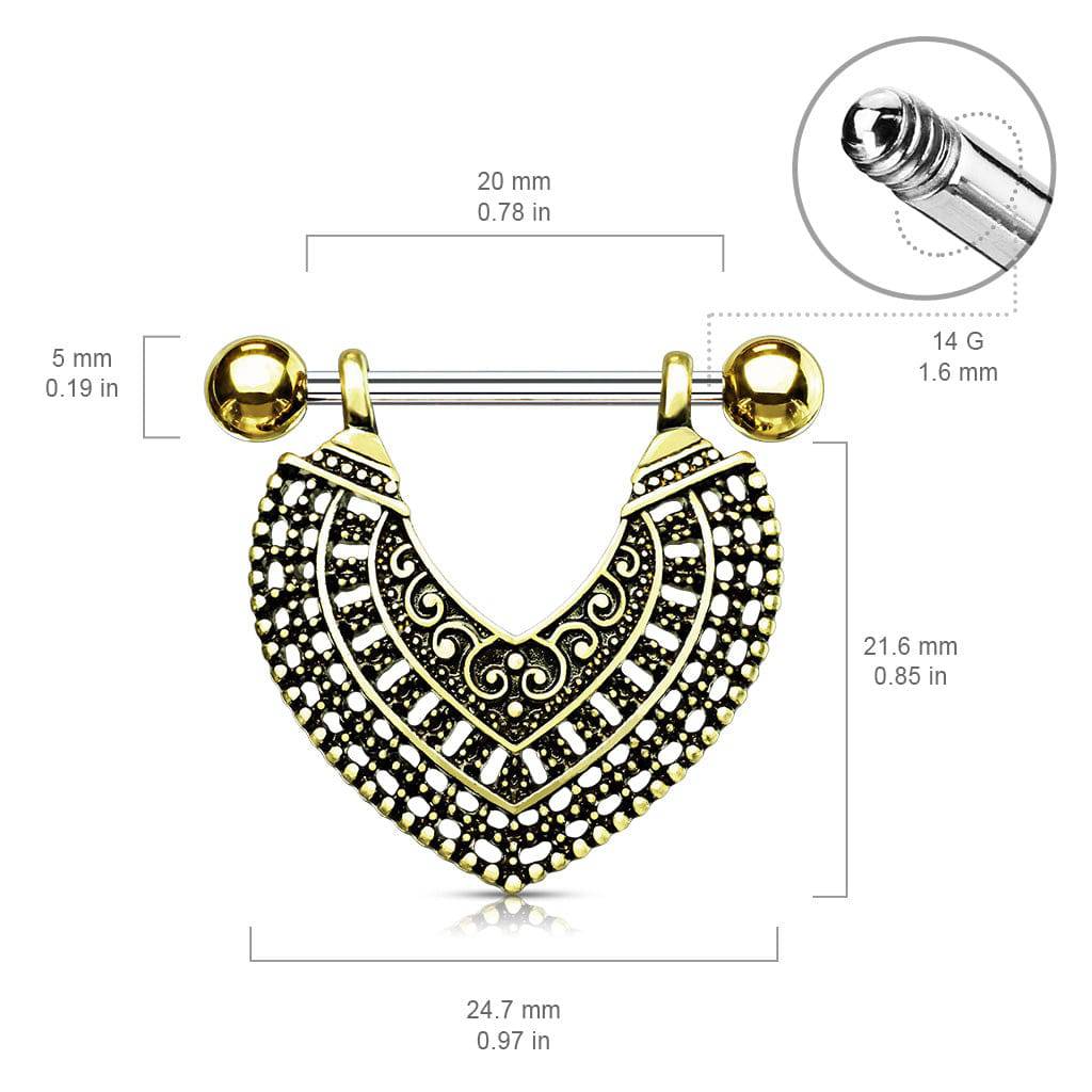 316L Surgical Steel Gold Plated Vintage Boho Nipple Shield Barbell